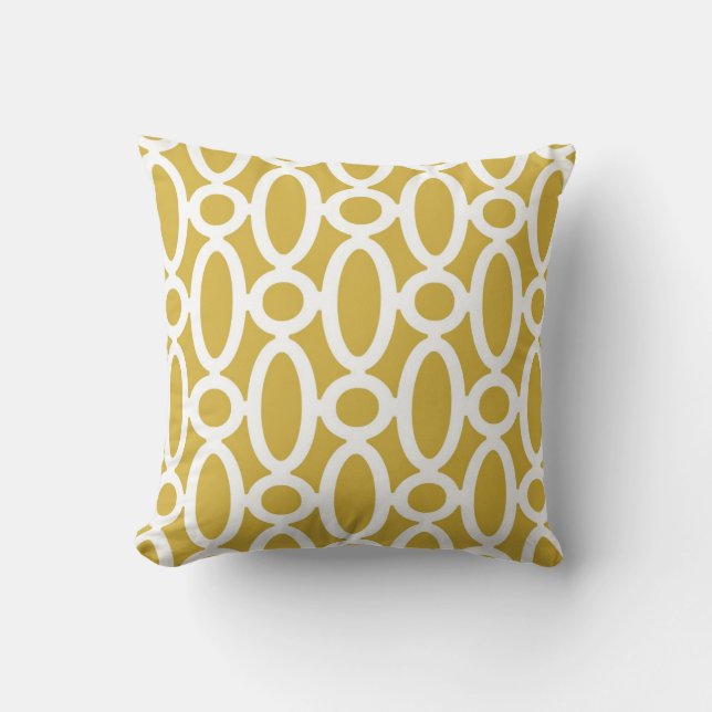 Modern Oval Links Pattern in Mustard and White Throw Pillow (Front)