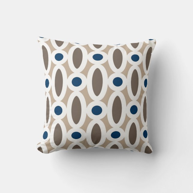 Modern Oval Links Pattern in Tan and Blue Throw Pillow (Front)