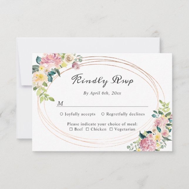 Modern Oval Pastel Floral Frame Wedding RSVP Card (Front)