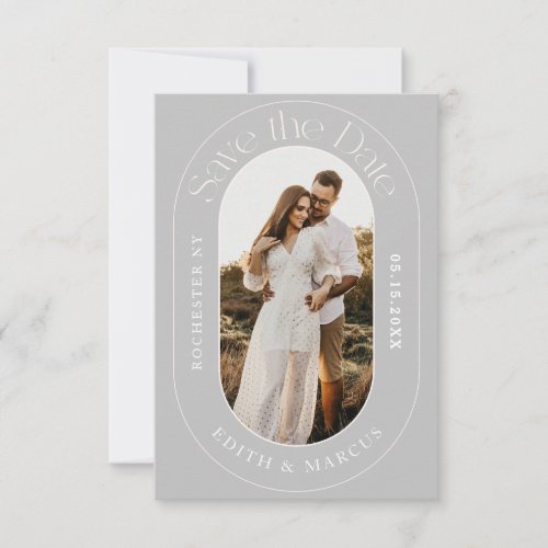 Modern Oval Photo Save the Date Gray