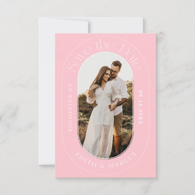Modern Oval Photo Save the Date Pink (Front)