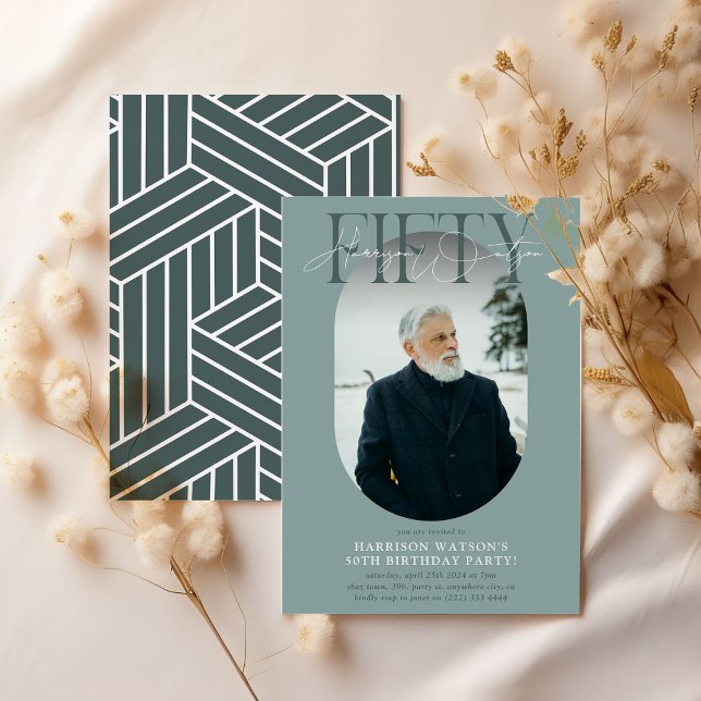 Modern Oval Photo & Signature 50th Birthday Invitation (Creator Uploaded)