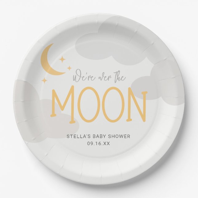 Modern Over The Moon Baby Shower Paper Plates (Front)