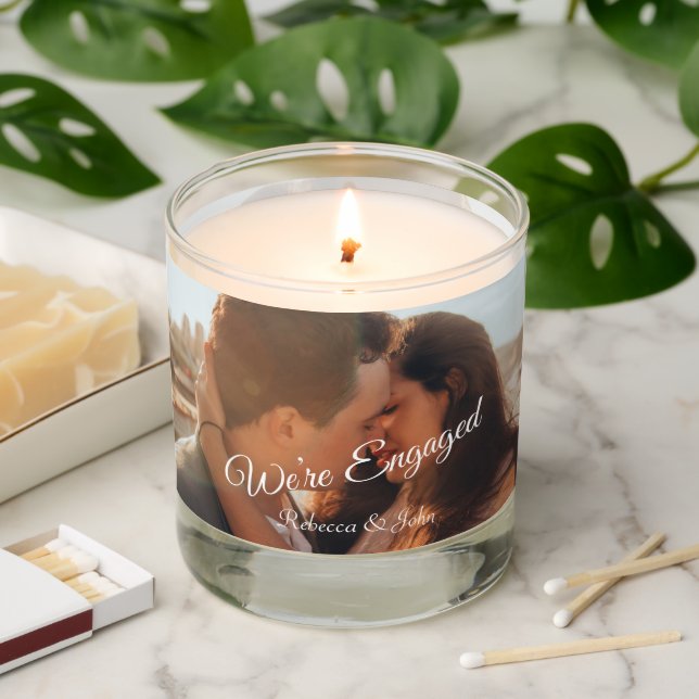 Modern Overlap Photo Script Engagement Wedding  Scented Candle (Lit)