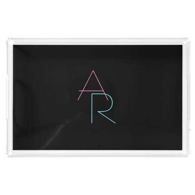 Modern Overlapping Initials | Pink Turquoise Black Acrylic Tray (Large)