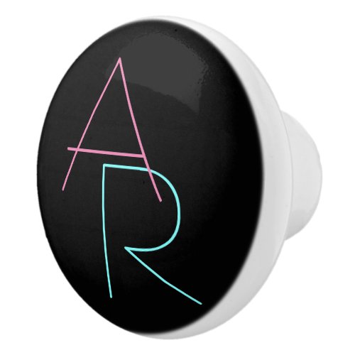 Modern Overlapping Initials  Pink Turquoise Black Ceramic Knob