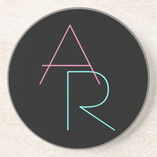 Modern Overlapping Initials Pink Turquoise Black Coaster