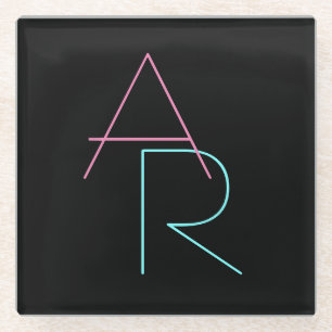 Modern Overlapping Initials Pink Turquoise Black Glass Coaster
