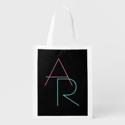 Modern Overlapping Initials | Pink Turquoise Black Grocery Bag