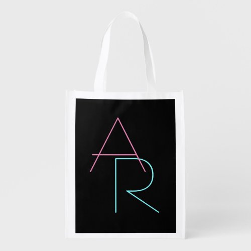 Modern Overlapping Initials  Pink Turquoise Black Grocery Bag