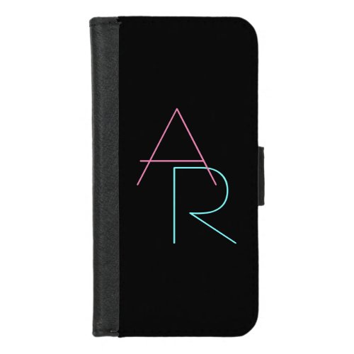 Modern Overlapping Initials  Pink Turquoise Black iPhone 87 Wallet Case