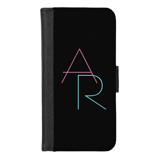 Modern Overlapping Initials | Pink Turquoise Black iPhone Wallet Case (Front)
