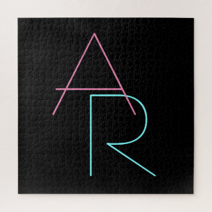 Modern Overlapping Initials Pink Turquoise Black Jigsaw Puzzle