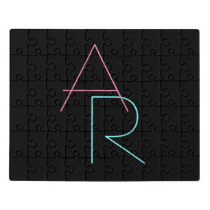 Modern Overlapping Initials   Pink Turquoise Black Jigsaw Puzzle