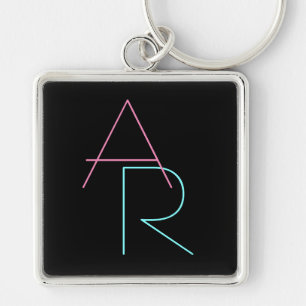 Modern Overlapping Initials Pink Turquoise Black Keychain