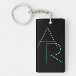 Modern Overlapping Initials Pink Turquoise Black Keychain