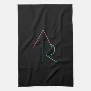 Modern Overlapping Initials Pink Turquoise Black Kitchen Towel