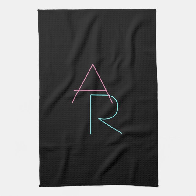 Modern Overlapping Initials | Pink Turquoise Black Kitchen Towel (Vertical)