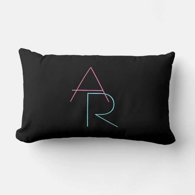 Modern Overlapping Initials | Pink Turquoise Black Lumbar Pillow (Front)