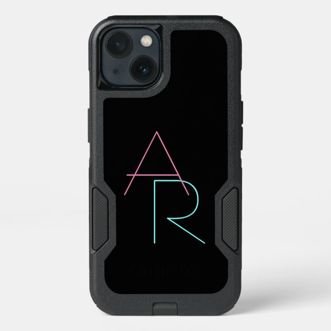 Modern Overlapping Initials | Pink Turquoise Black Otterbox iPhone Case (Back)