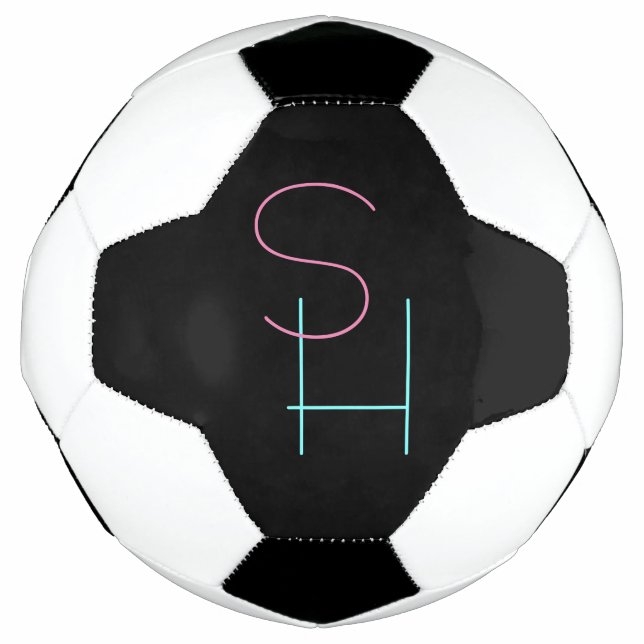 Modern Overlapping Initials | Pink Turquoise Black Soccer Ball (Front)