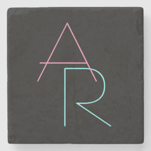 Modern Overlapping Initials Pink Turquoise Black Stone Coaster