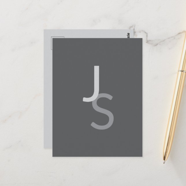 Modern Overlapping Monogrammed Initials | Gray Postcard (Front/Back In Situ)
