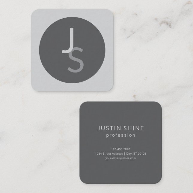 Modern Overlapping Monogrammed Initials | Gray Square Business Card (Front/Back)