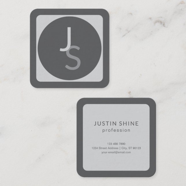 Modern Overlapping Monogrammed Initials | Gray Square Business Card (Front/Back)