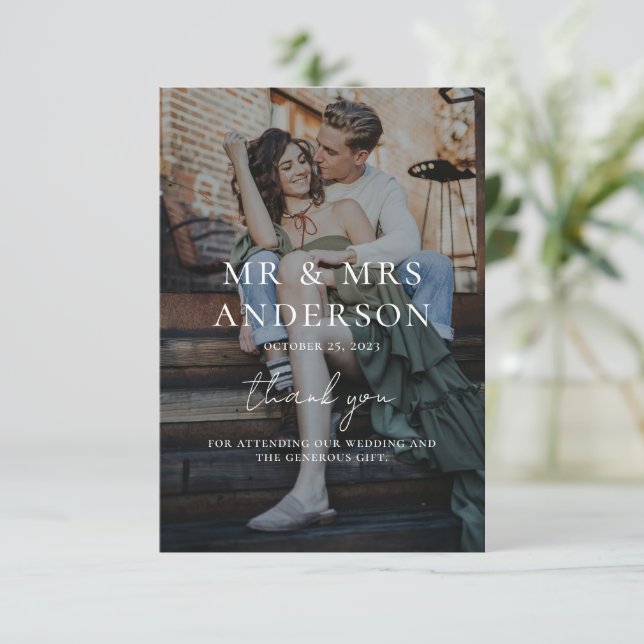 Modern Overlay White Text Wedding Romantic Photo  Thank You Card (Standing Front)