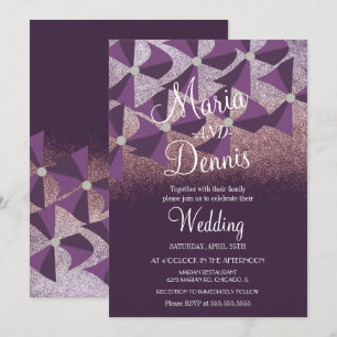 Modern Oxalis Floral Purple Glitter Wedding Invitation