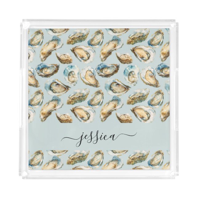 Modern oysters pattern script name acrylic tray (Front)