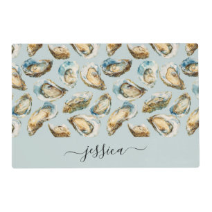 Modern oysters pattern script name placemat