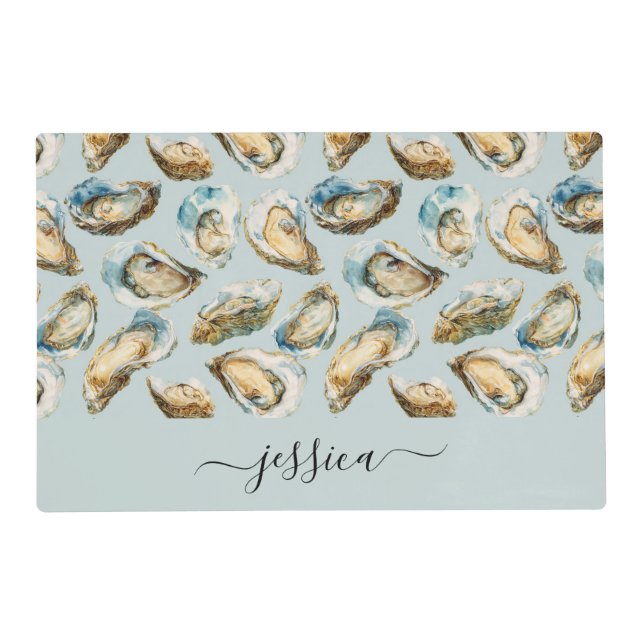Modern oysters pattern script name placemat (Front)