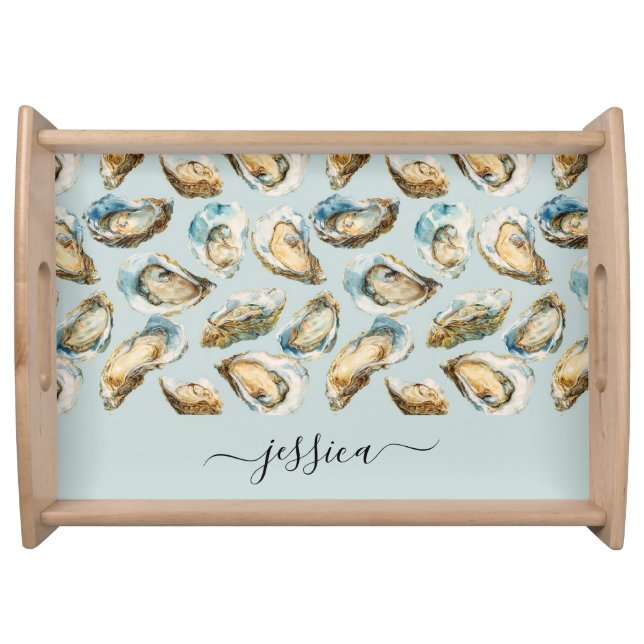 Modern oysters pattern script name serving tray (Front)