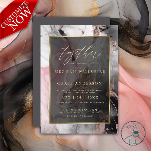 Modern Paint Abstract Rose Charcoal and Gold  Invitation