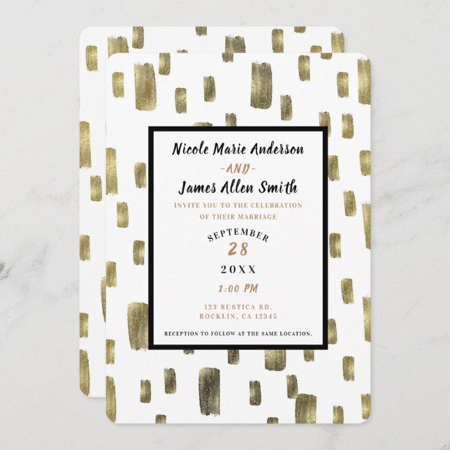 Modern Paint Brush Gold Copper Bronze Wedding Invitation (Front/Back)