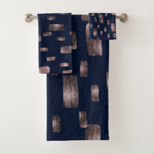 Modern Paint Brush Rose Gold & Navy Blue Sparkle Bath Towel Set