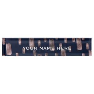 Modern Paint Brush Rose Gold & Navy Blue Sparkle Desk Name Plate