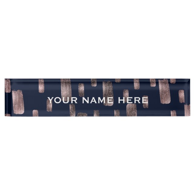Modern Paint Brush Rose Gold & Navy Blue Sparkle Desk Name Plate (Front)