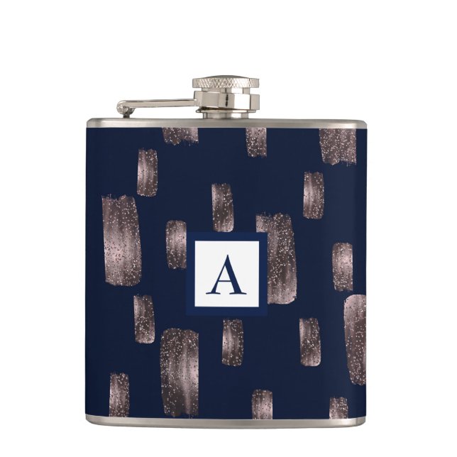 Modern Paint Brush Rose Gold & Navy Blue Sparkle Flask (Front)