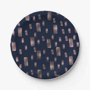 Modern Paint Brush Rose Gold & Navy Blue Sparkle Paper Plates