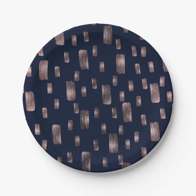 Modern Paint Brush Rose Gold & Navy Blue Sparkle Paper Plates (Front)
