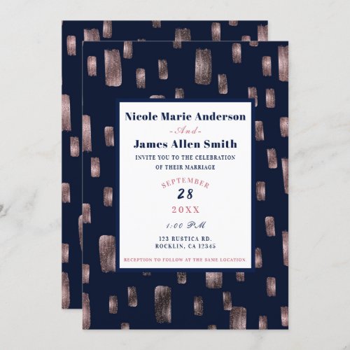 Modern Paint Brush Rose Gold  Navy Blue Wedding Invitation