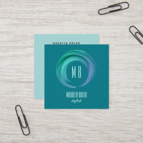 Modern Paint Brush Stroke Abstract Teal Square Business Card