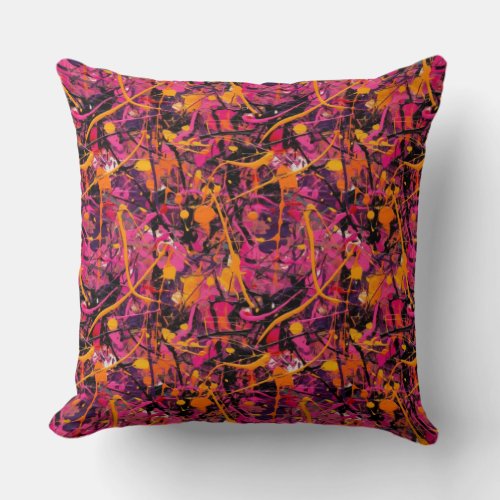 Modern paint splatter pink orange throw pillow