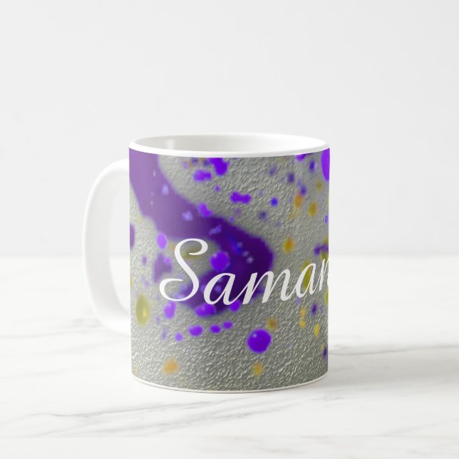 Modern Paint Splatters Purple Yellow Abstract Coffee Mug (Front Left)