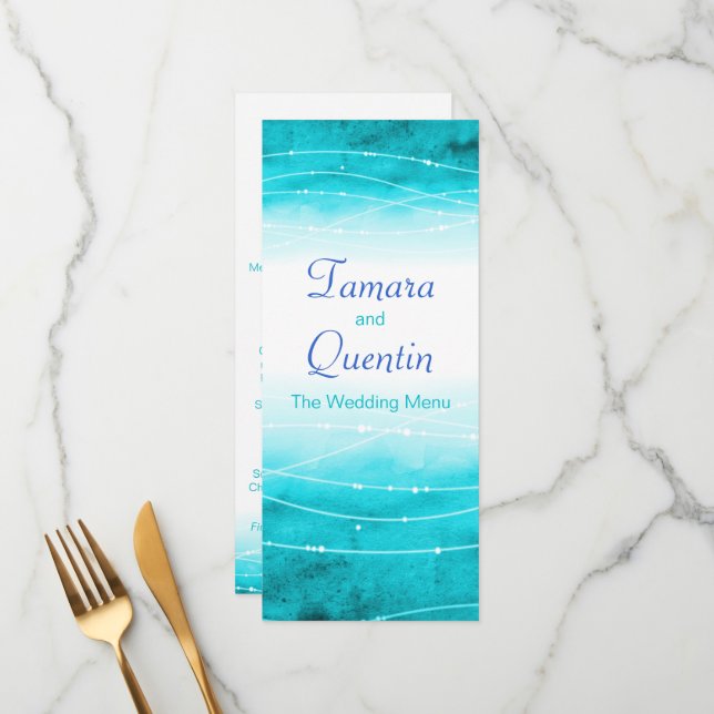 Modern painted abstact sea blue wedding menu (Front/Back In Situ)