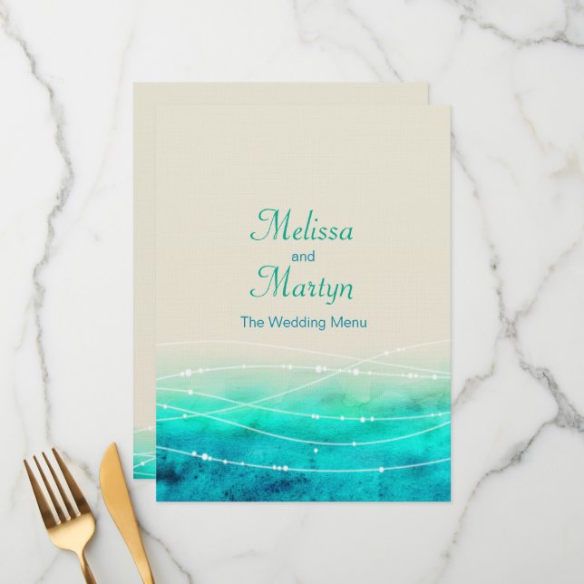 Modern painted abstact sparkle seas wedding menu (Front/Back In Situ)