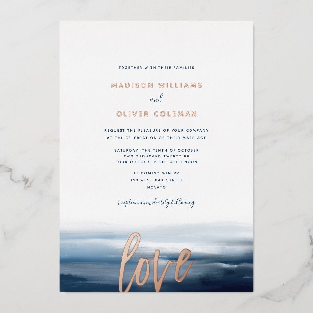 Modern Painted Beach Ocean Theme Wedding Foil Invitation (Front)